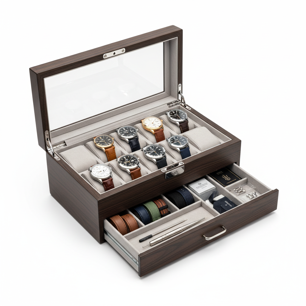 Organized men’s watch box with drawer for straps and tools
