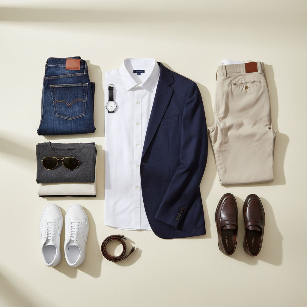 Capsule wardrobe layout for men with neutral essentials