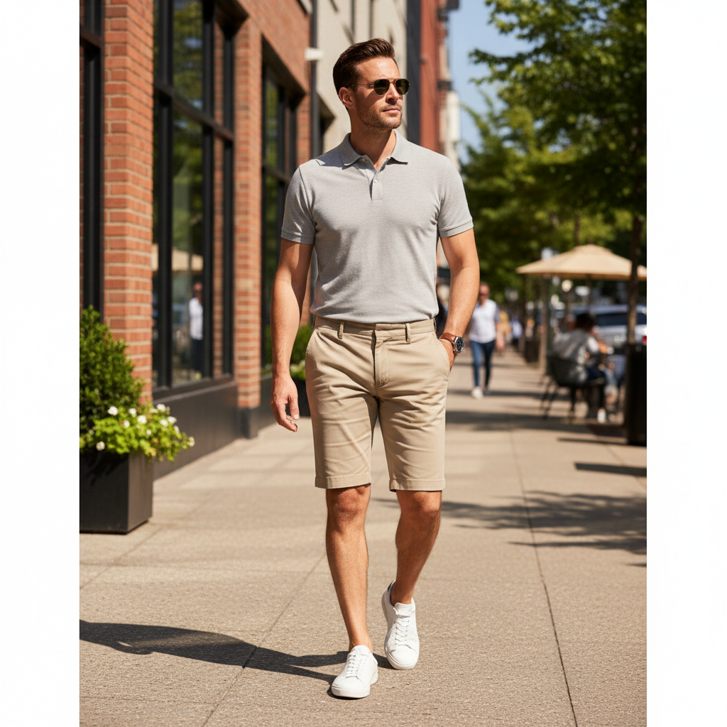 Men wearing chino shorts in a summer casual outfit with a polo and sneakers