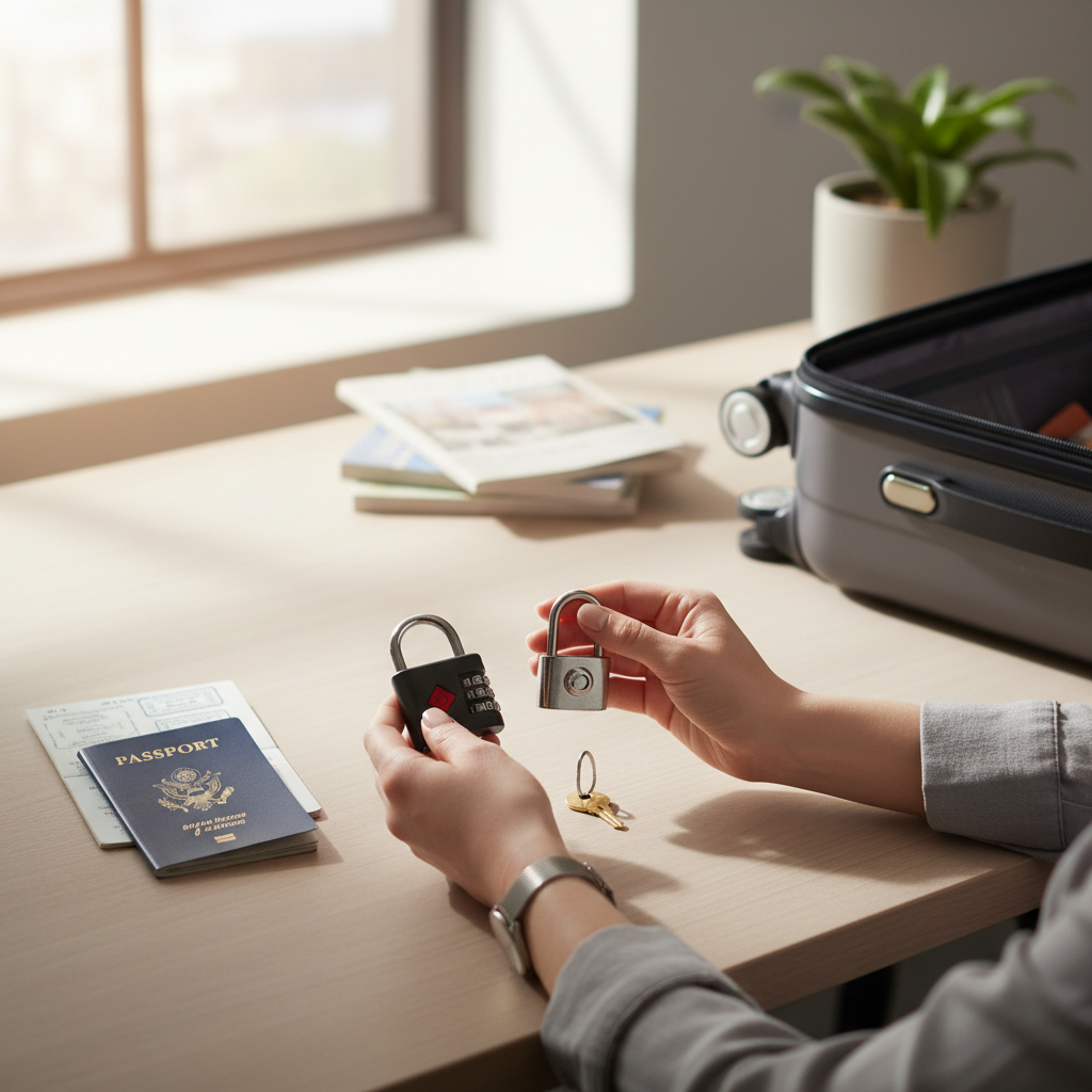 Traveler comparing TSA combination lock and key lock at home before packing