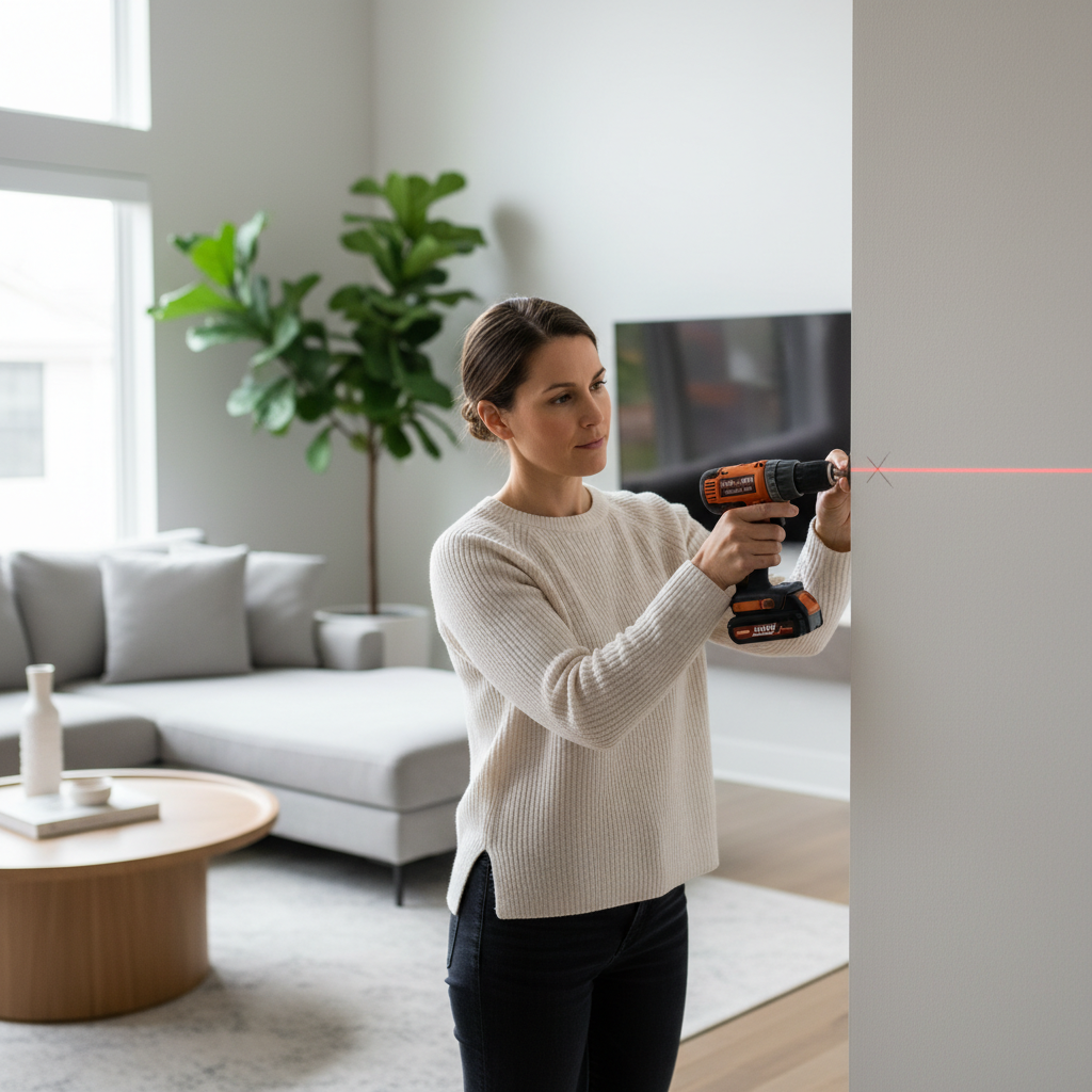 Homeowner using a stud finder with laser mark to align a drill point on drywall