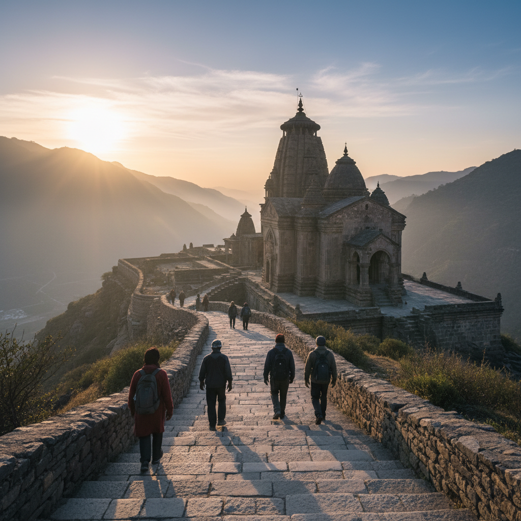 Pilgrims walking toward a historic sacred site at sunrise