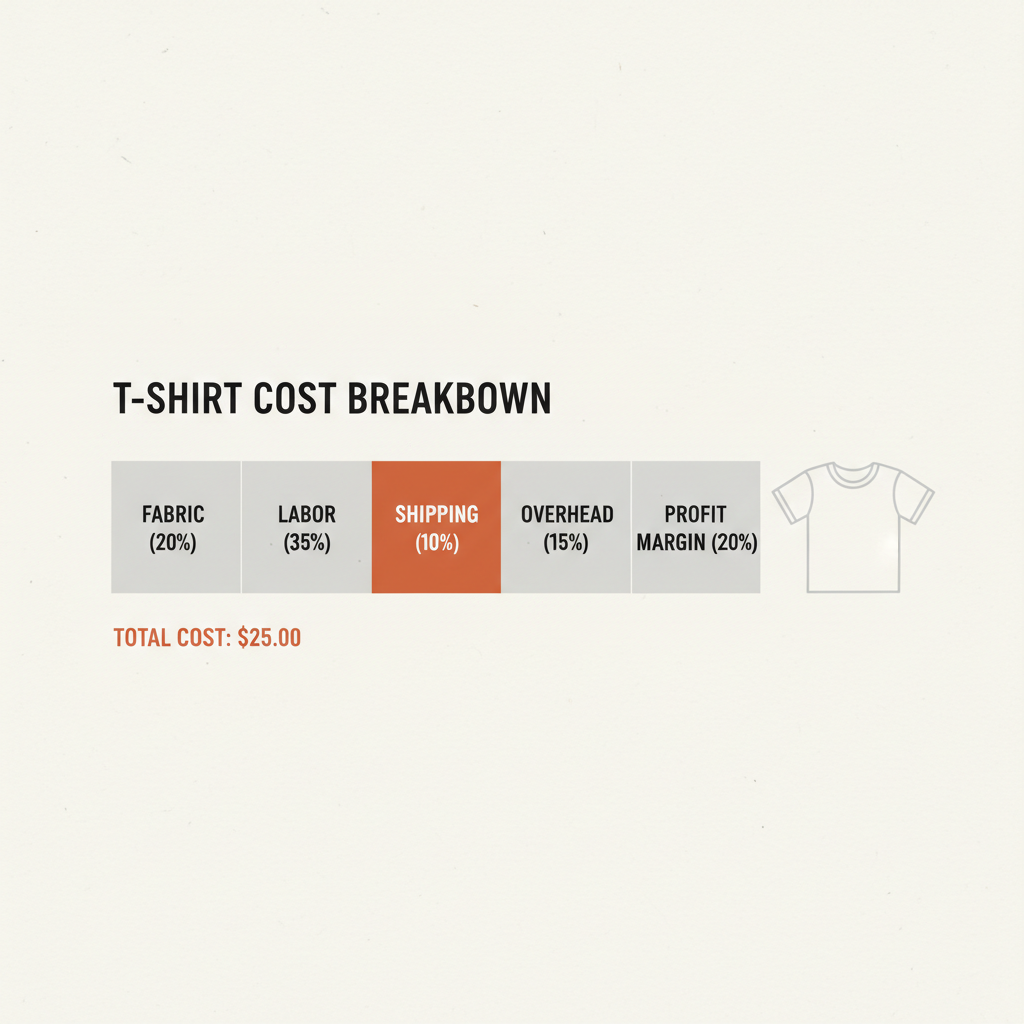Cost breakdown of a t-shirt showing fabric, labor, shipping, and margin