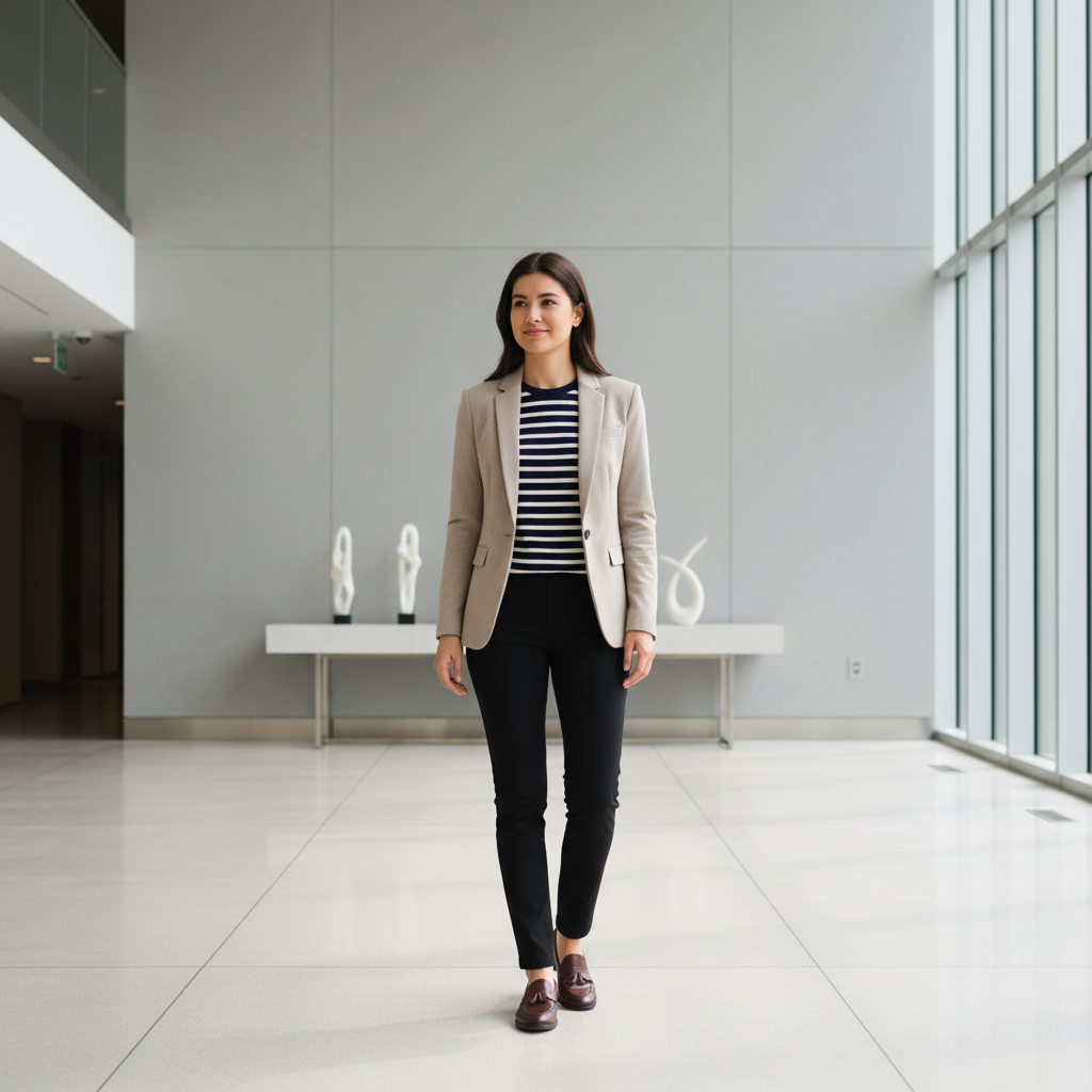 Striped shirt outfit for work with blazer and tailored trousers
