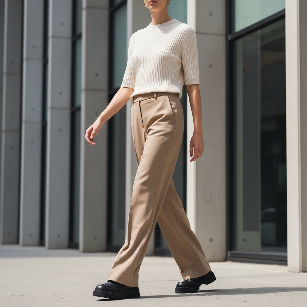 Modern 2026 outfit styling with platform loafers and wide-leg trousers