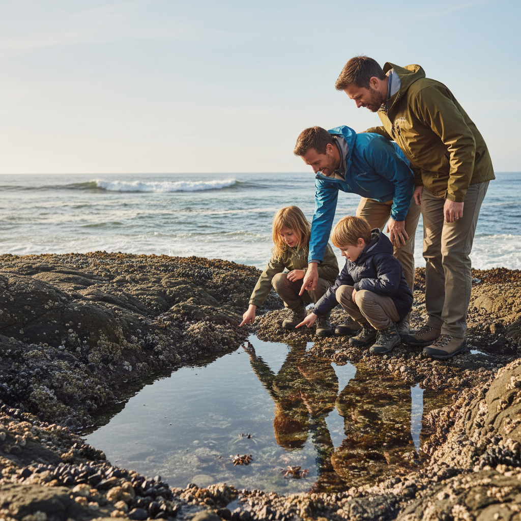 Family exploring tide pools with safe distance from waves
