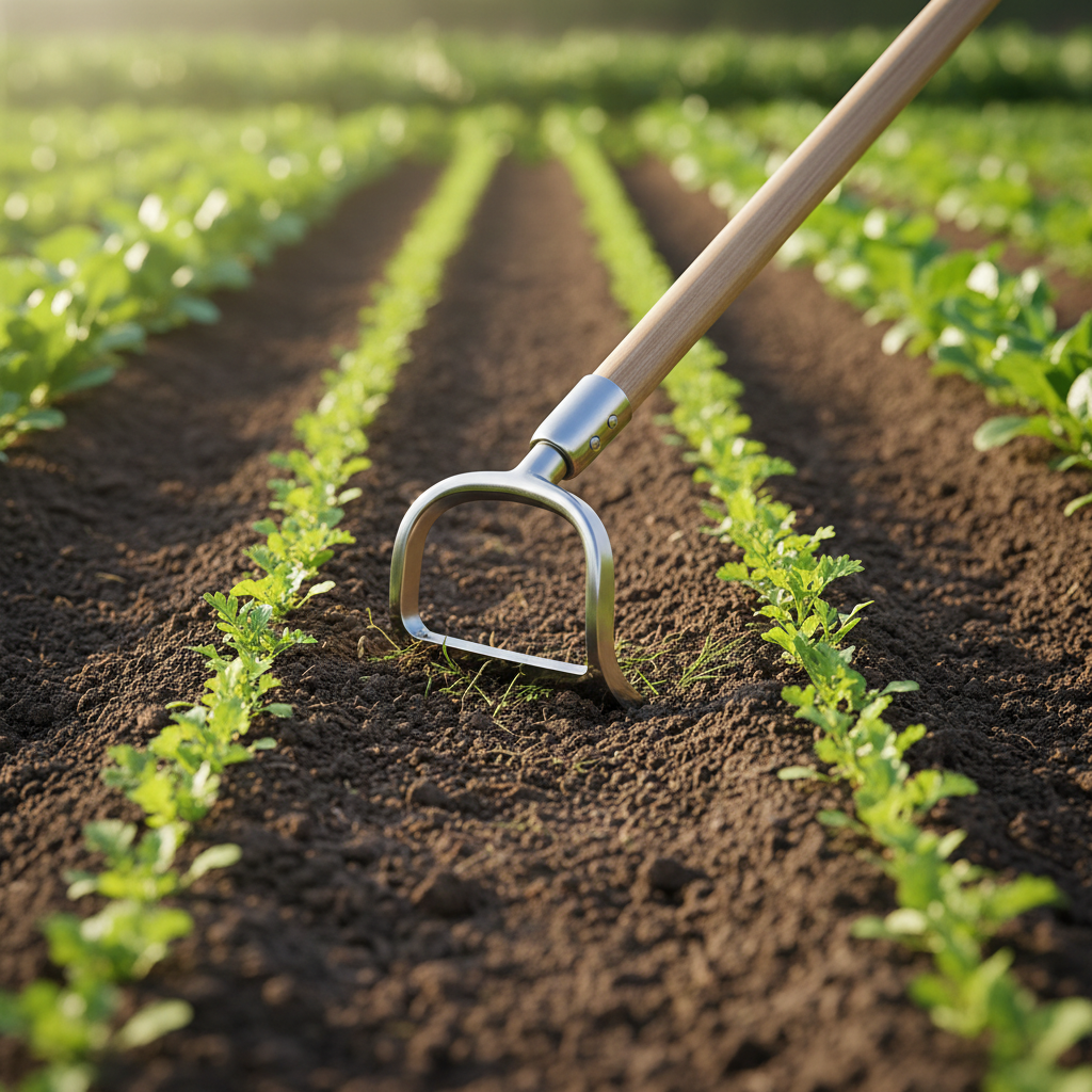 Stirrup action garden hoe cutting weeds between vegetable rows