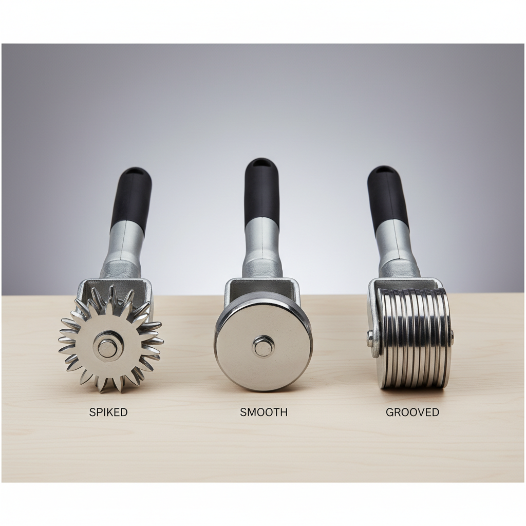 Different carpet seam roller tool wheels: star, smooth, and grooved