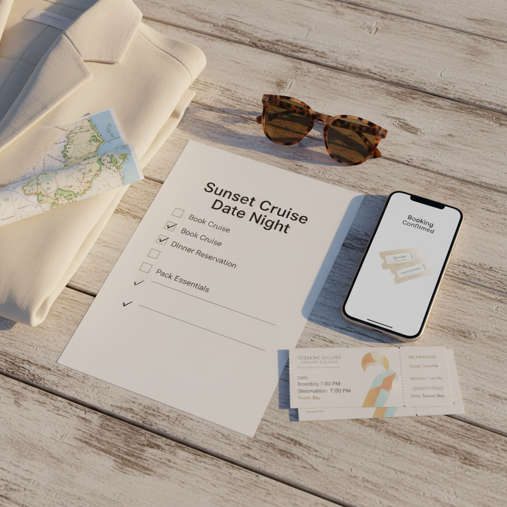 Checklist and tickets for a sunset cruise date night plan