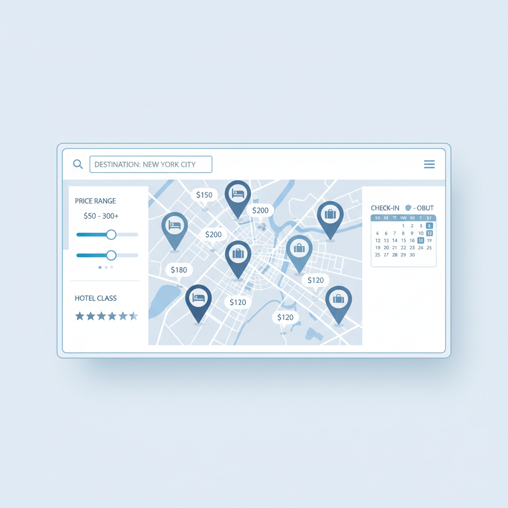 Hotel map search showing neighborhoods and price filters for cheaper stays