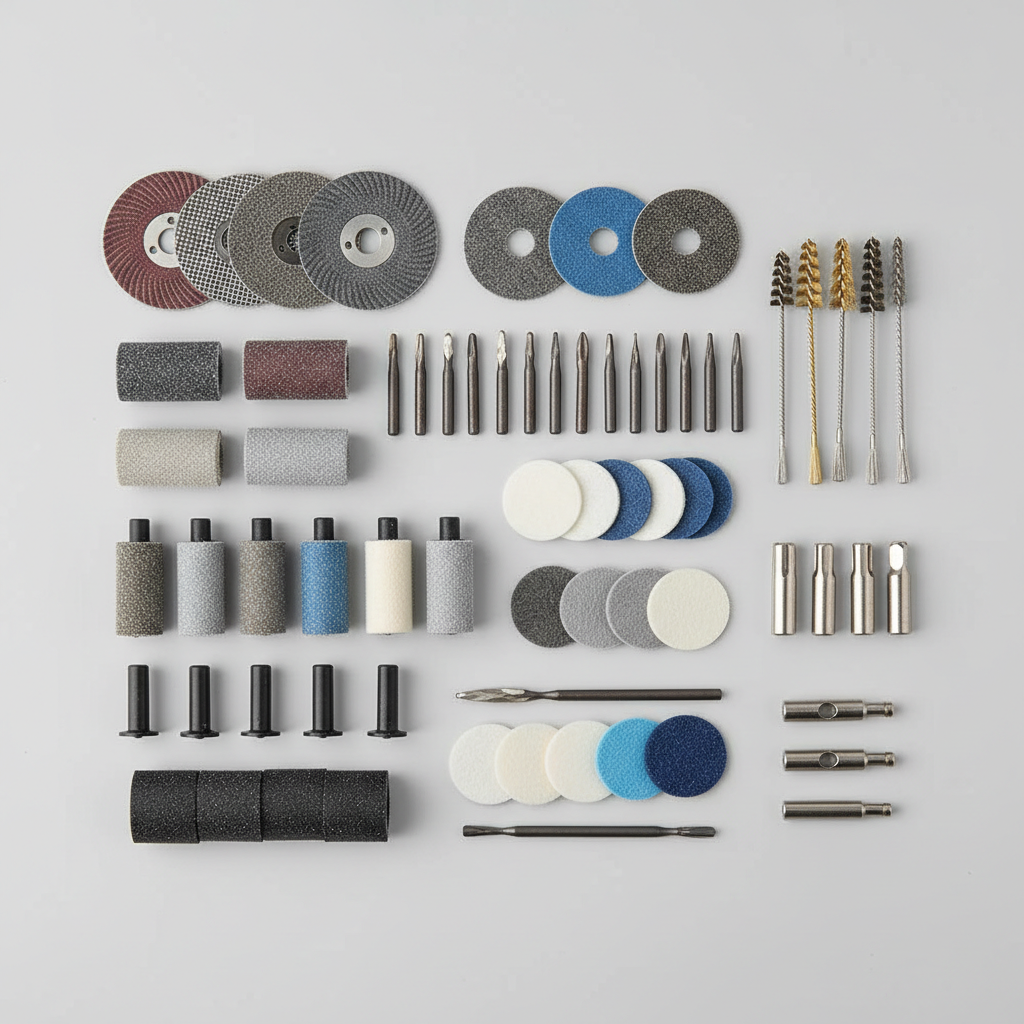 Rotary tool accessories kit with cutting wheels, sanding drums, engraving bits, and polishing pads