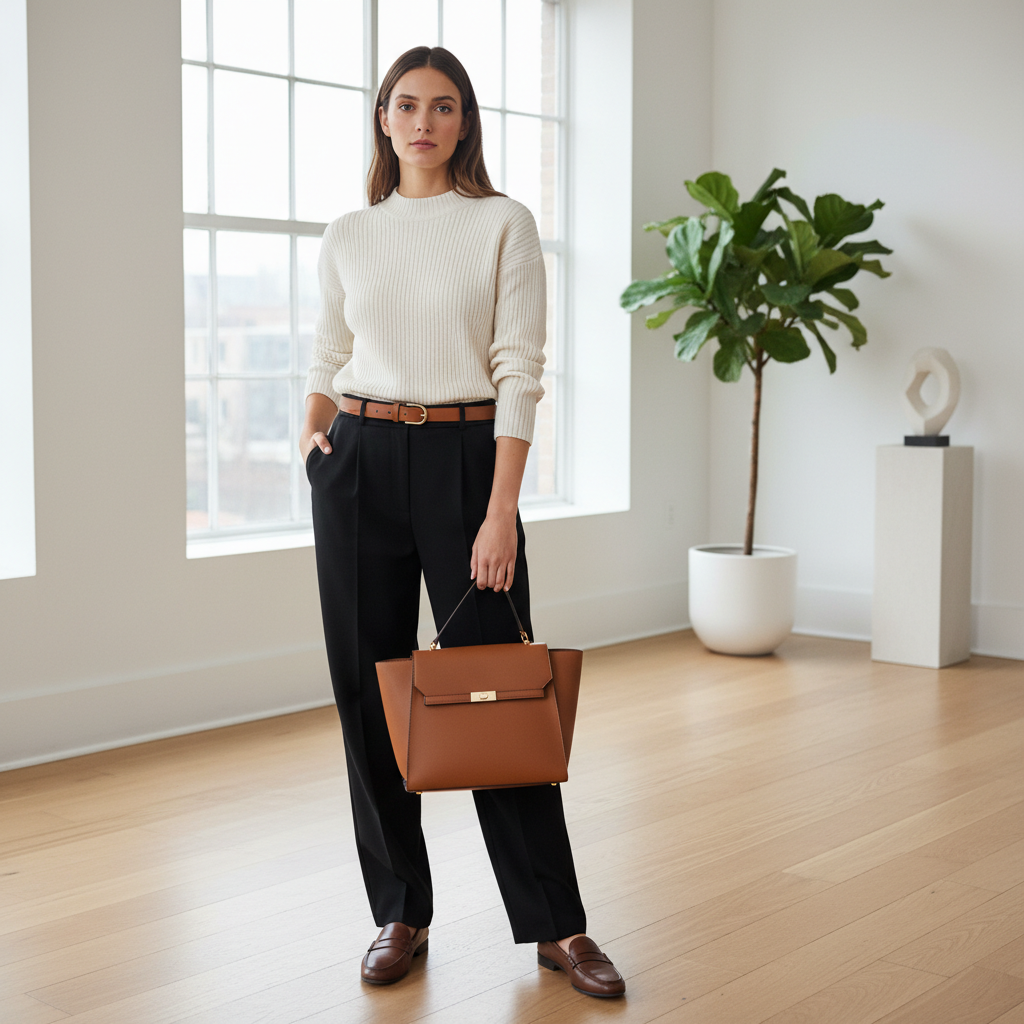 Smart casual outfit formula with trousers, knit top, and loafers