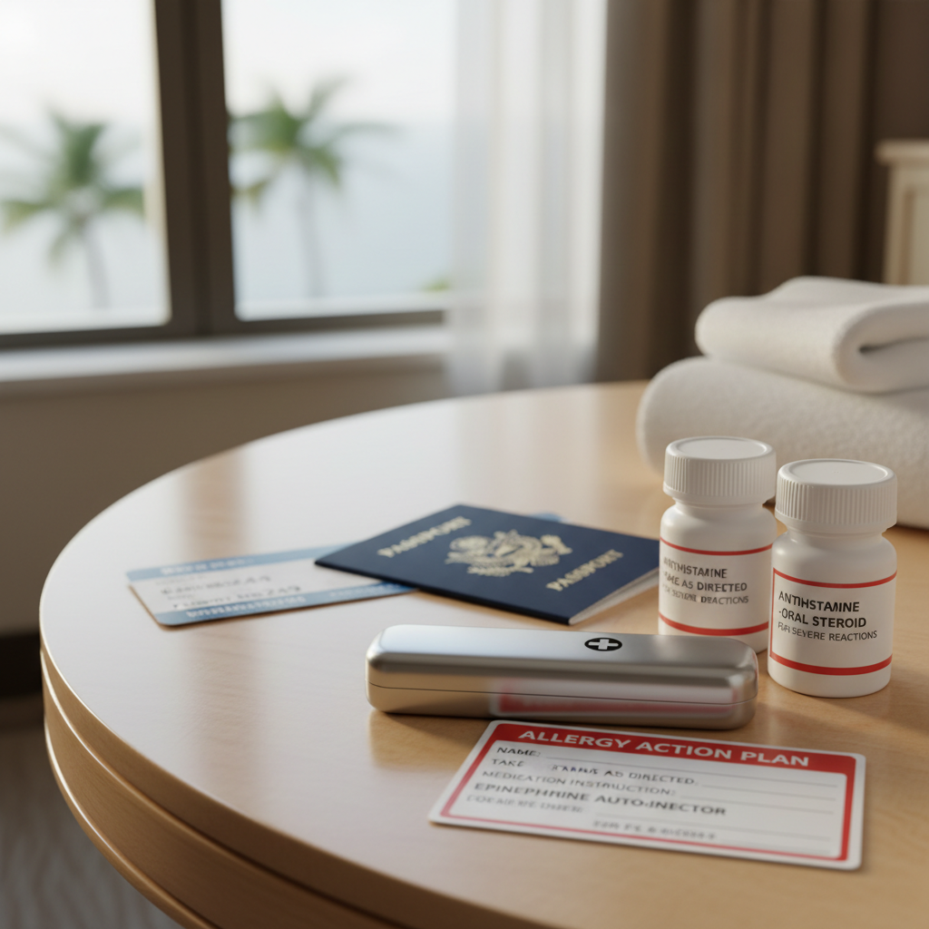 Epinephrine auto-injector and allergy action card next to passport and boarding pass