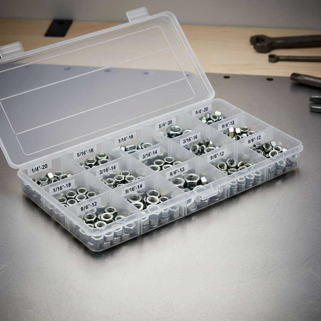 Nylon lock nut assortment kit with multiple SAE sizes organized in a case