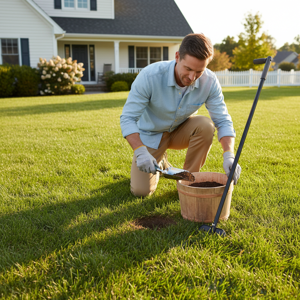 Filling small lawn divots after pulling weeds with a stand-up weeder