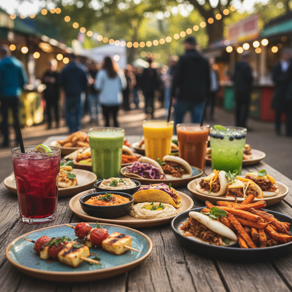 Assorted small plates and drinks from multiple festival vendors on an outdoor table