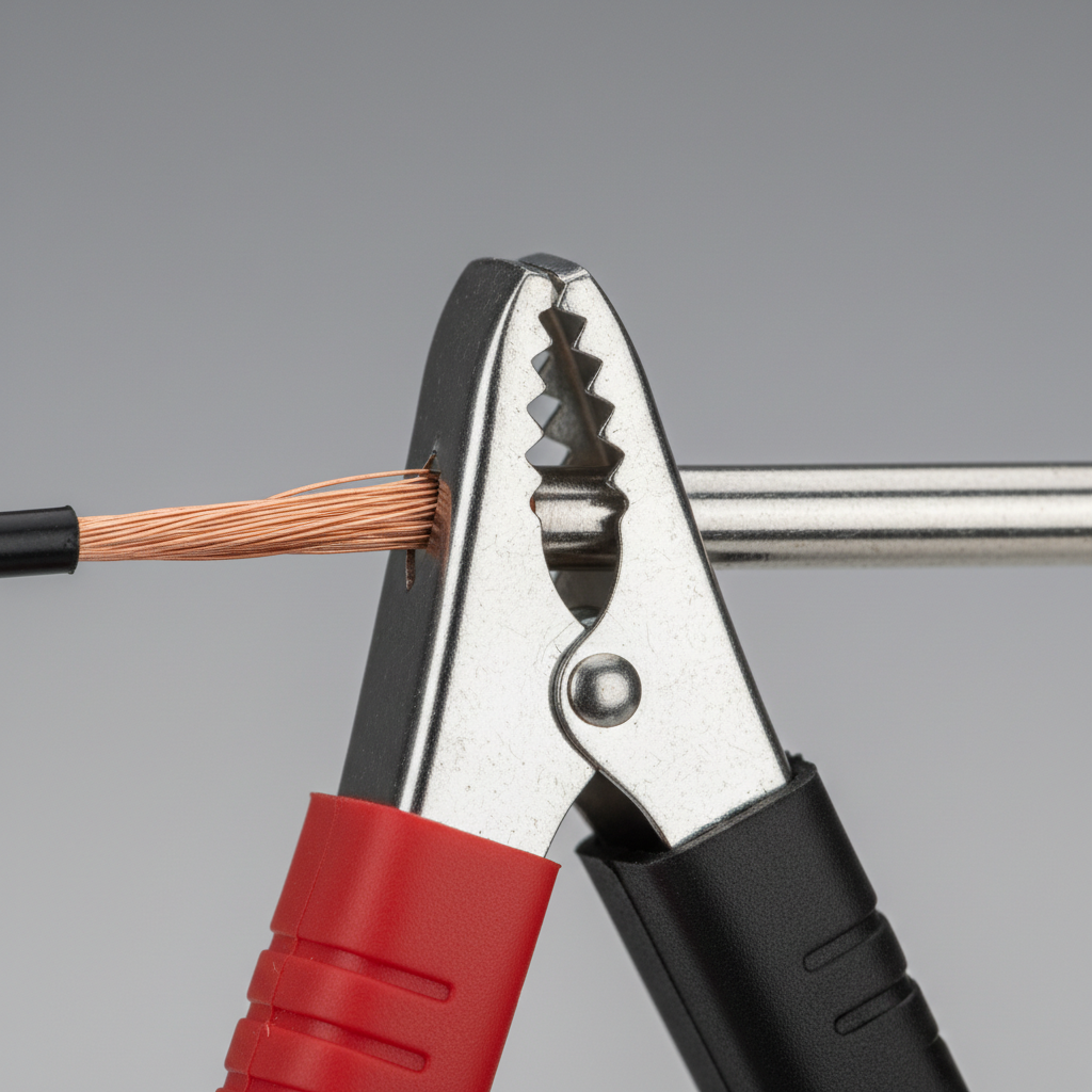 Close-up of insulated alligator clip jaws gripping a wire for testing