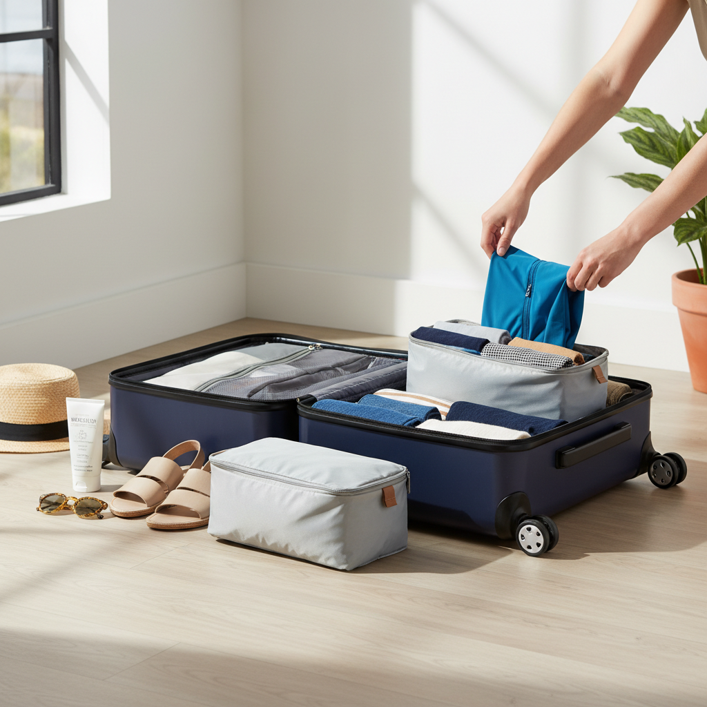 Traveler packing a quick-dry swimsuit into a carry-on with packing cubes