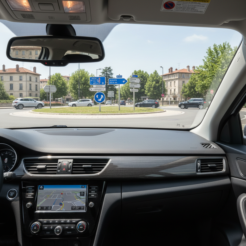 Driving on a European roundabout with road signs and rental car