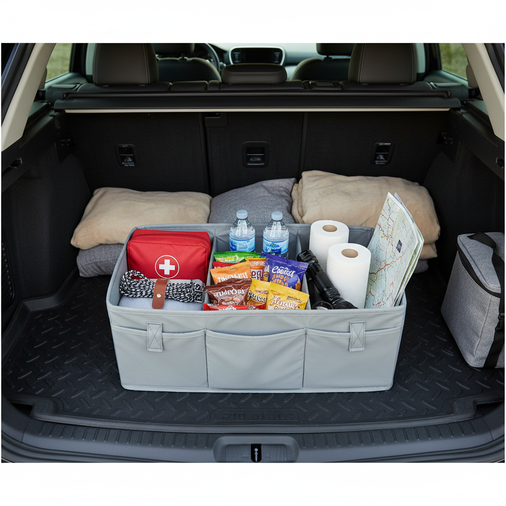 Road trip essentials for car laid out on a clean trunk organizer