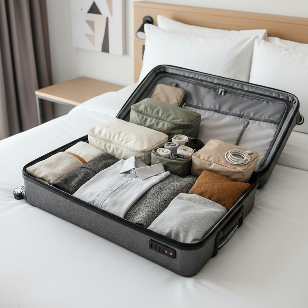 Packing cubes neatly arranged in an open carry-on suitcase for organized travel