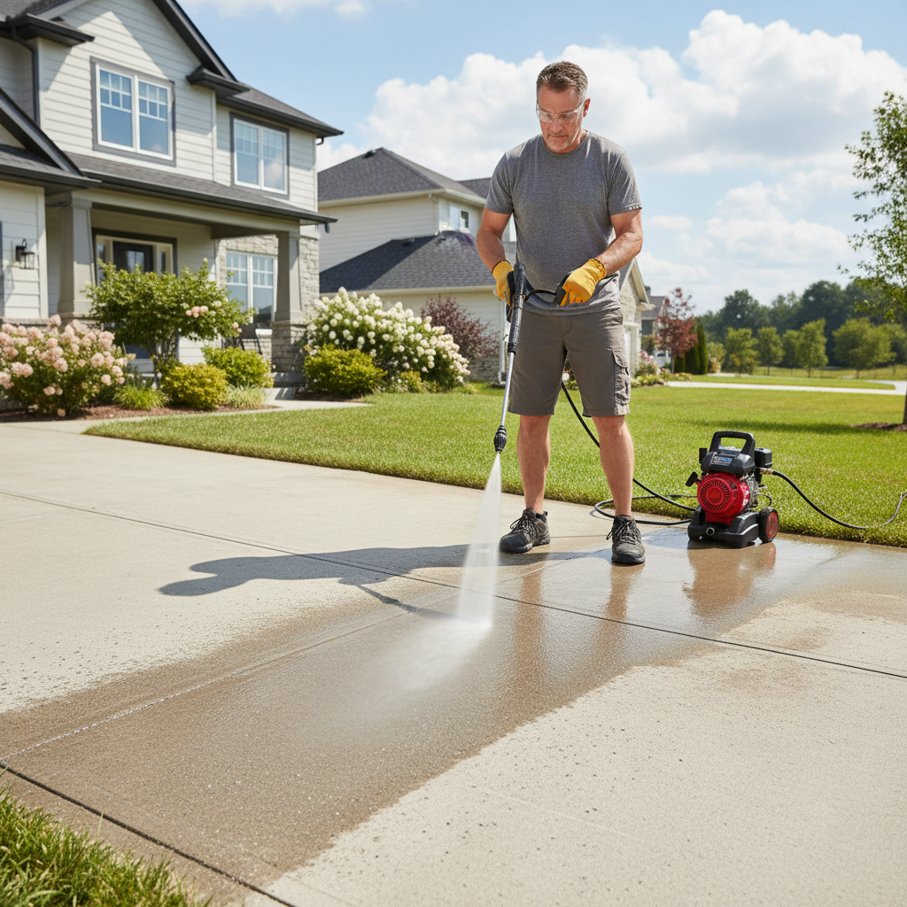 Homeowner pressure washing driveway using a 25-degree nozzle tip at safe distance
