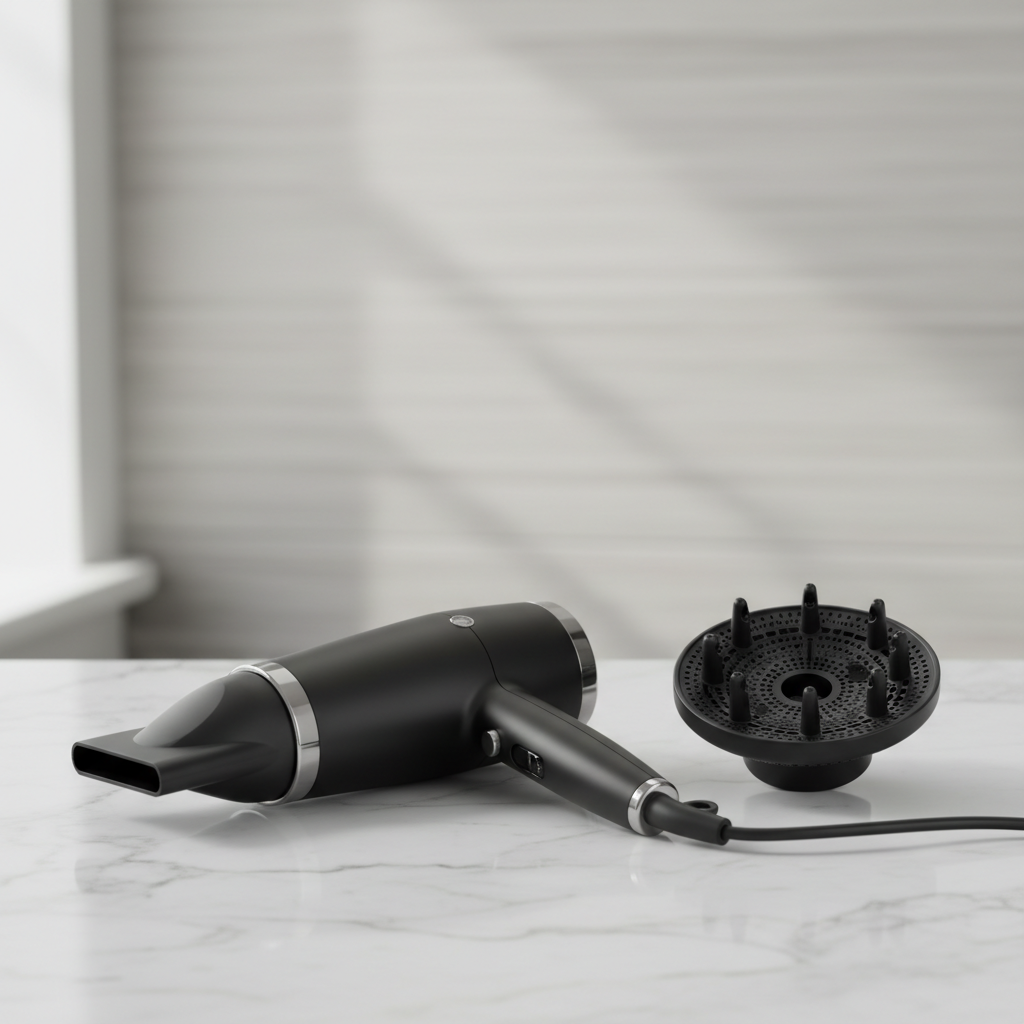 Compact travel hair dryer with concentrator nozzle and diffuser attachments on countertop