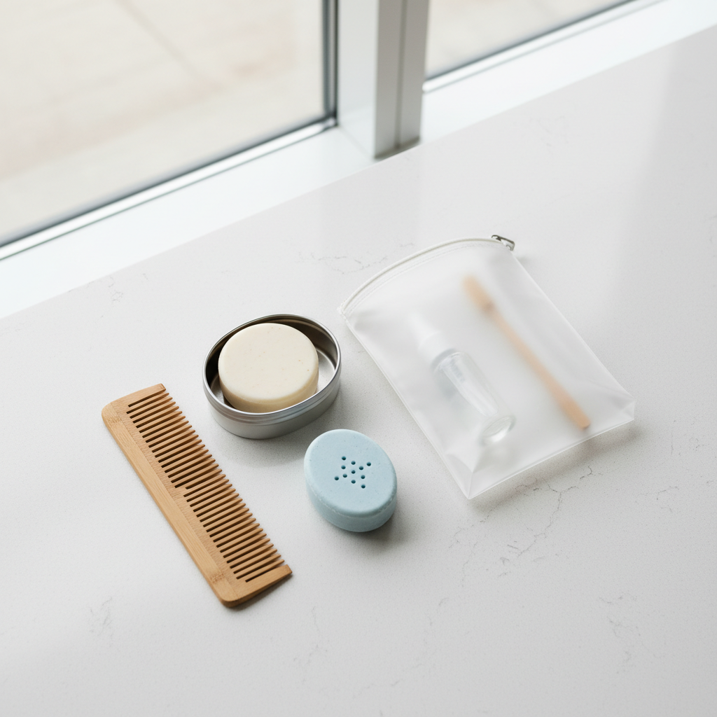 Solid conditioner bar and travel toiletries laid out for carry-on packing