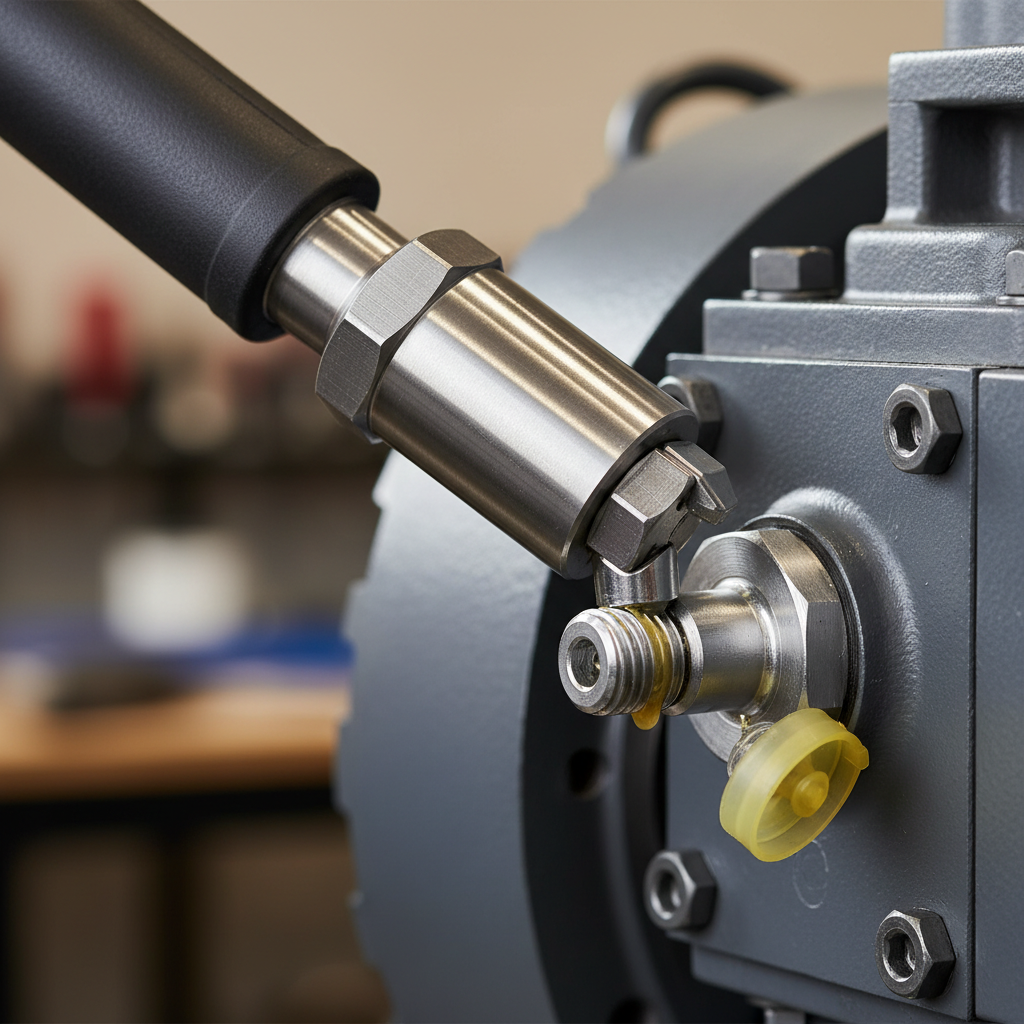 Close-up of grease gun coupler attached to a zerk fitting