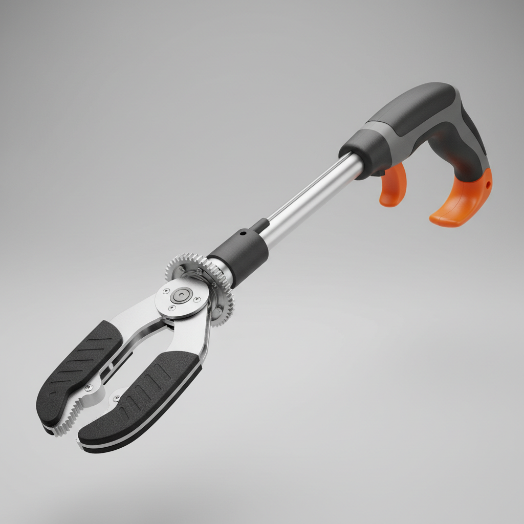 Close-up of grabber tool rotating jaw and trigger handle