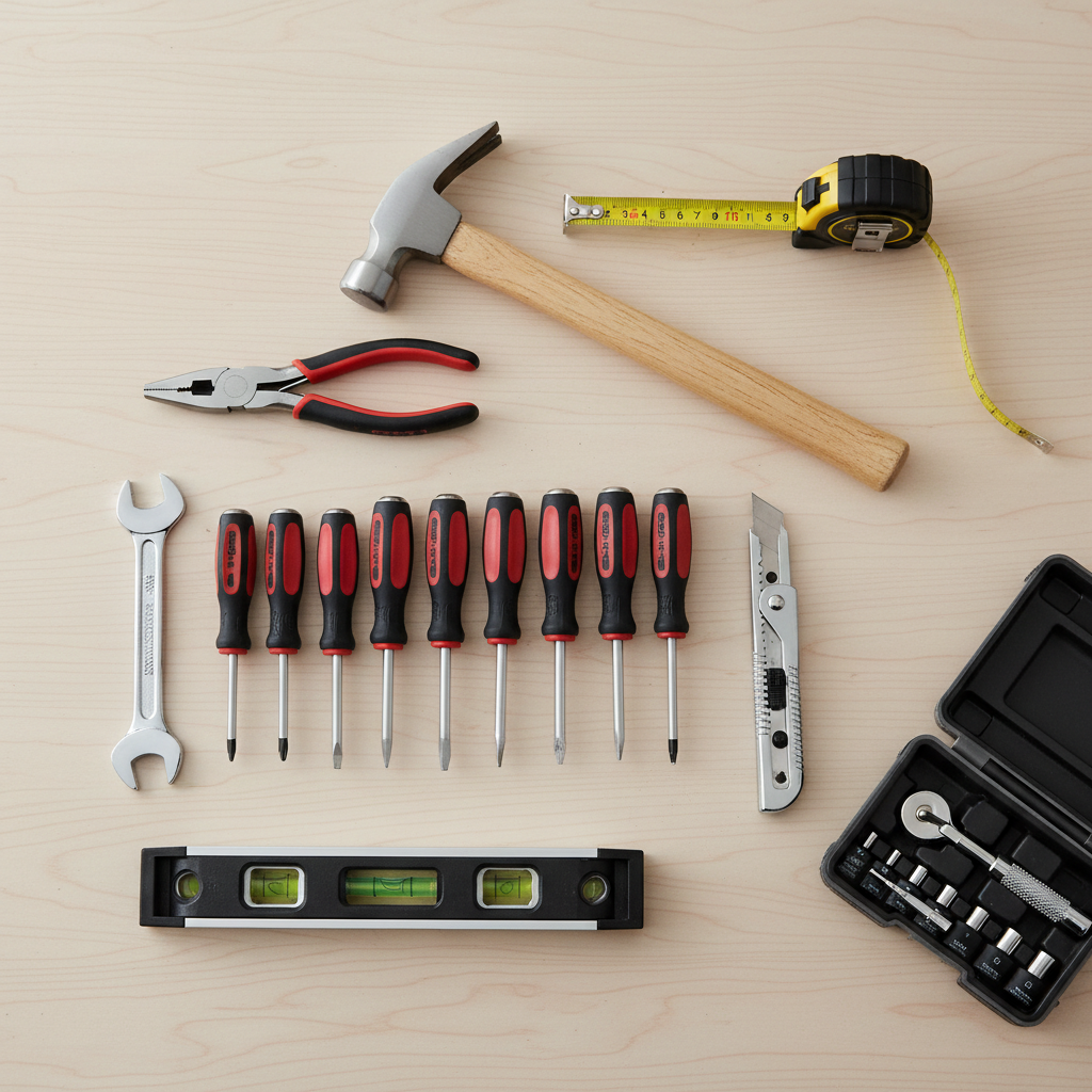 Basic hand tool set laid out for homeowners and DIY projects