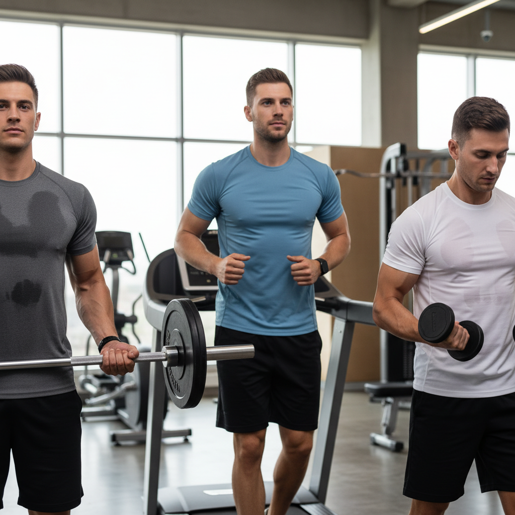 Men wearing quick dry gym t-shirts during weight training and cardio