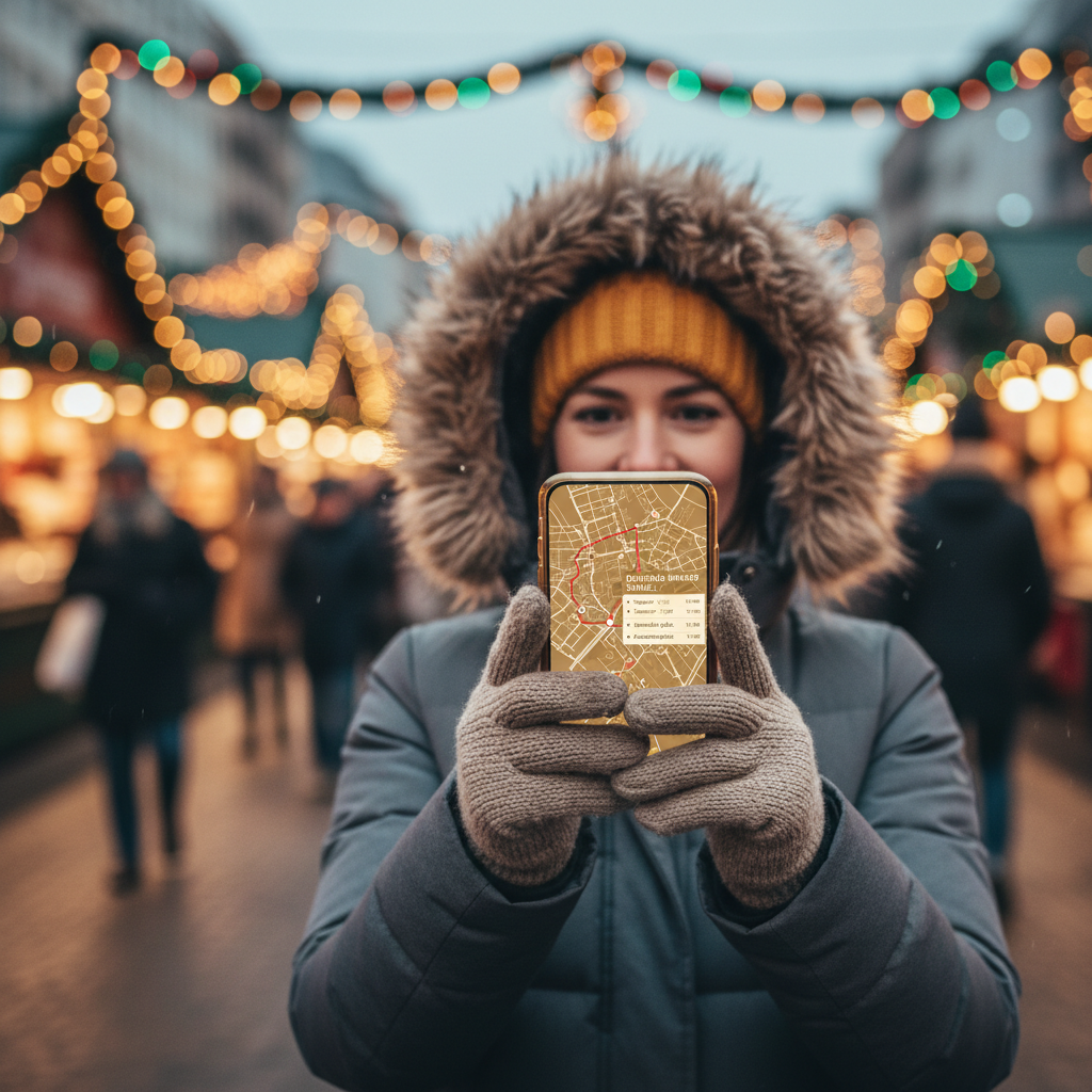 Traveler checking Christmas market hours and route on smartphone