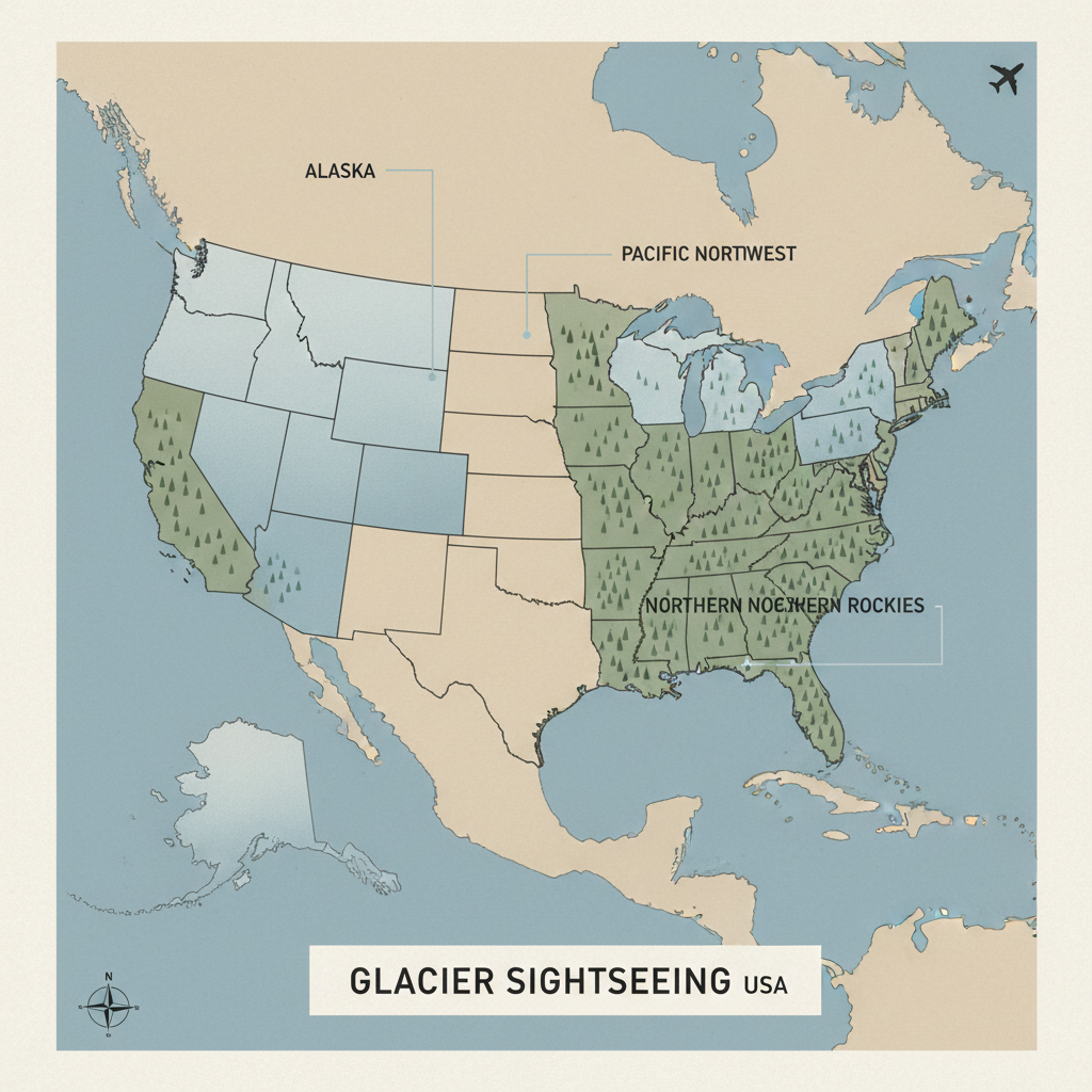 Map-style view of U.S. regions for glacier sightseeing trips