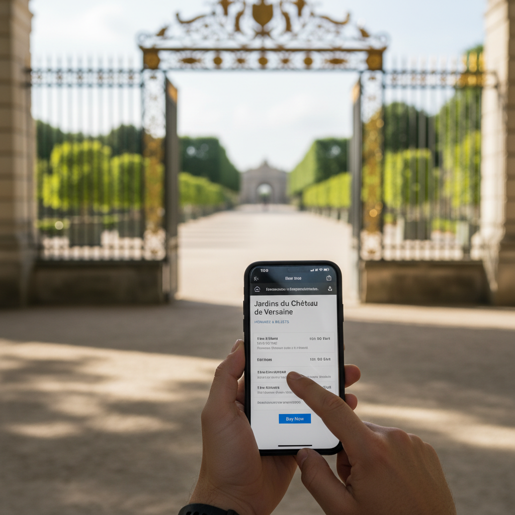 Traveler checking garden opening hours and tickets on a smartphone in France