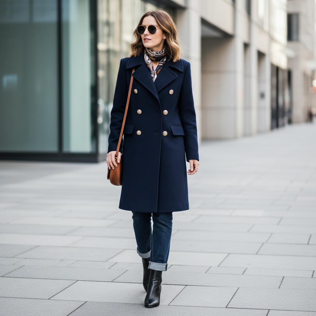 Woman wearing a classic vintage-inspired pea coat in a city street outfit