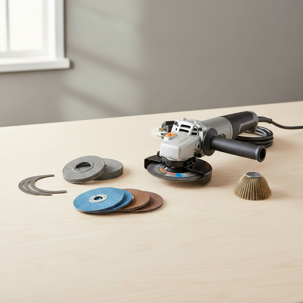 Angle grinder with metal cutting and grinding wheels laid out for comparison