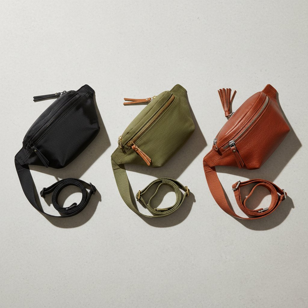 Close-up of casual waist bag materials nylon canvas leather options