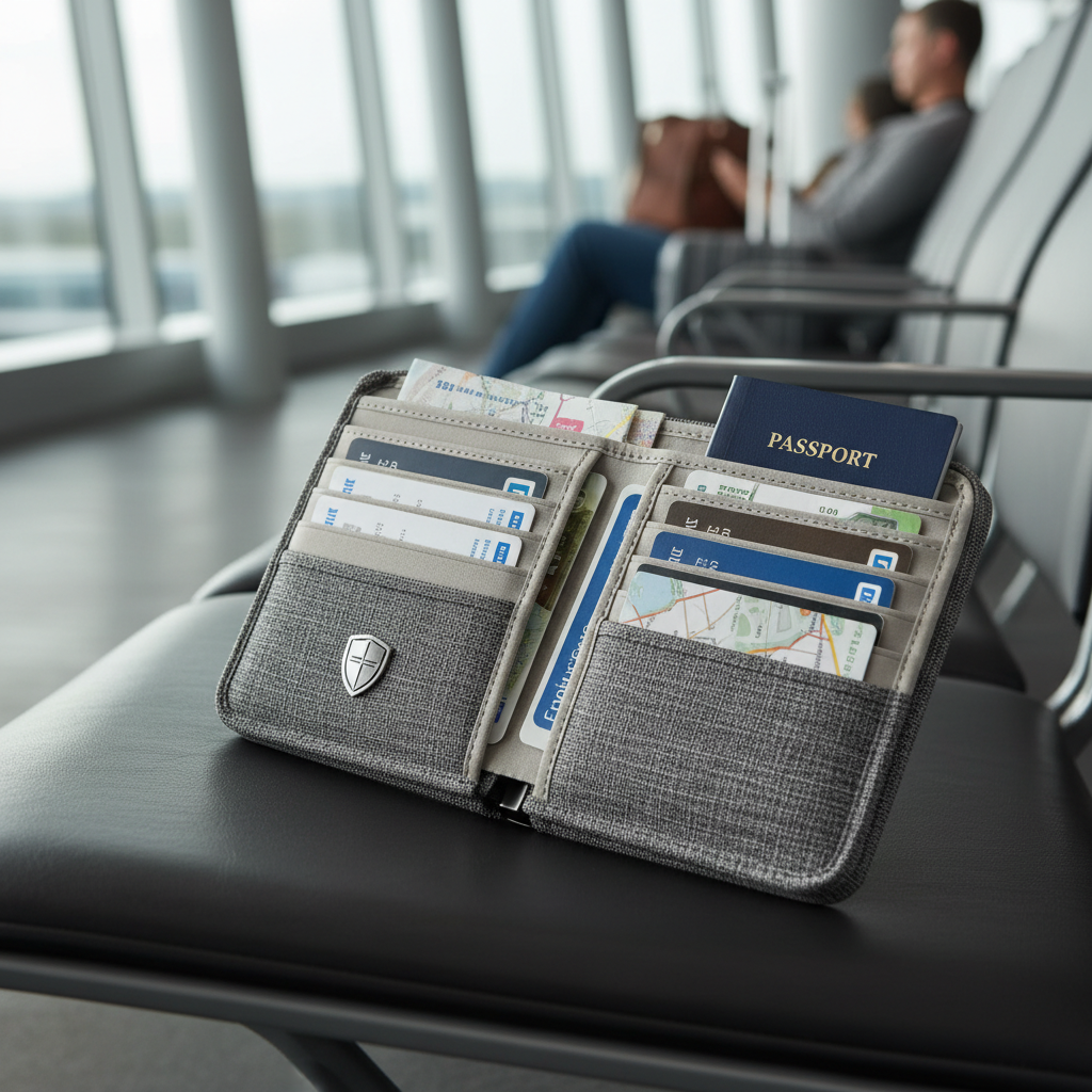 RFID blocking travel wallet protecting cards in an airport setting