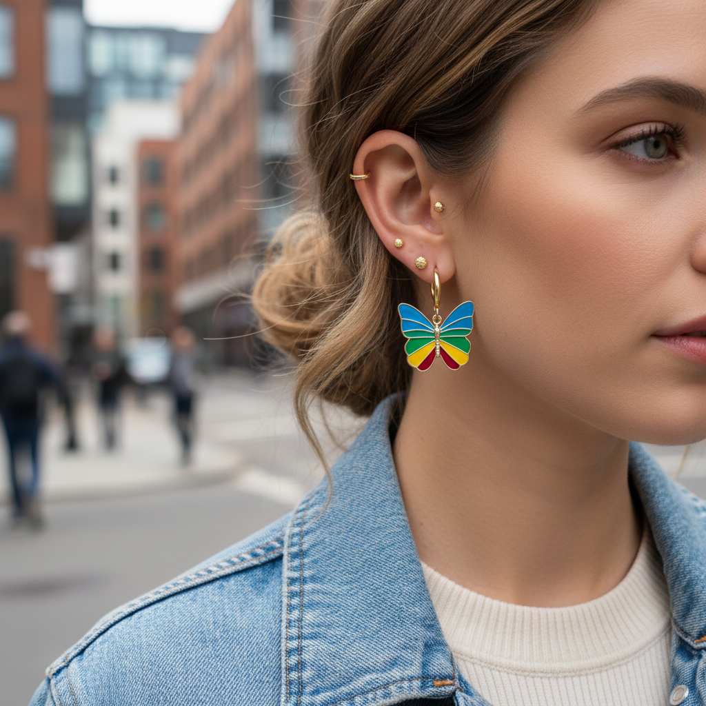 Colorful enamel butterfly earrings styled with casual streetwear