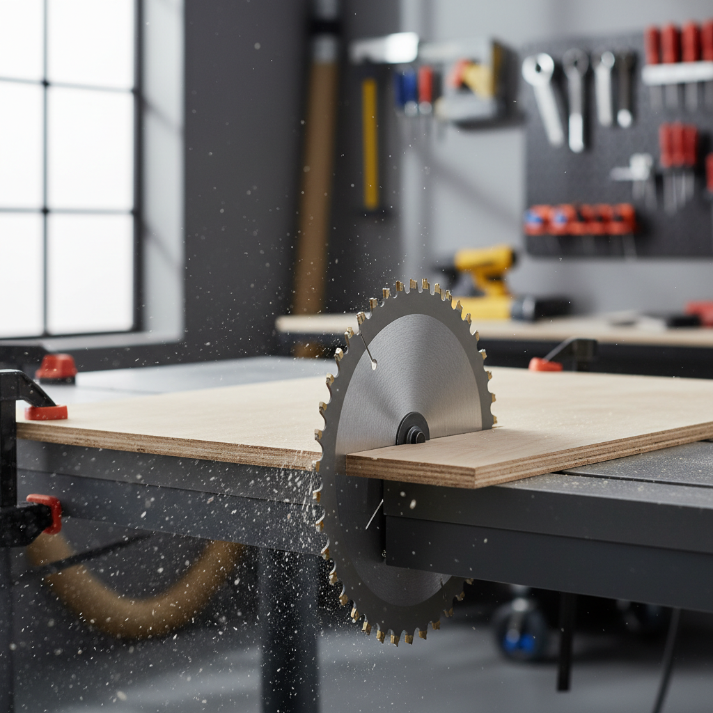 Carbide circular saw blade making a clean crosscut in plywood