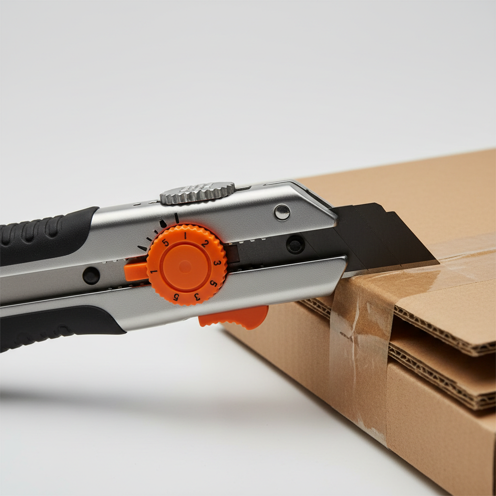 Close-up of safe blade depth setting on a retractable box cutter