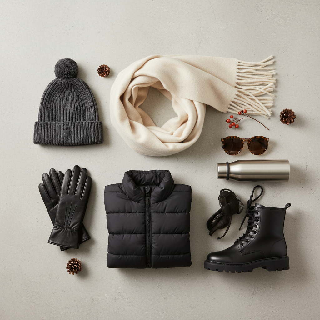 Minimal winter outfit accessories with puffer jacket: beanie, scarf, gloves, boots