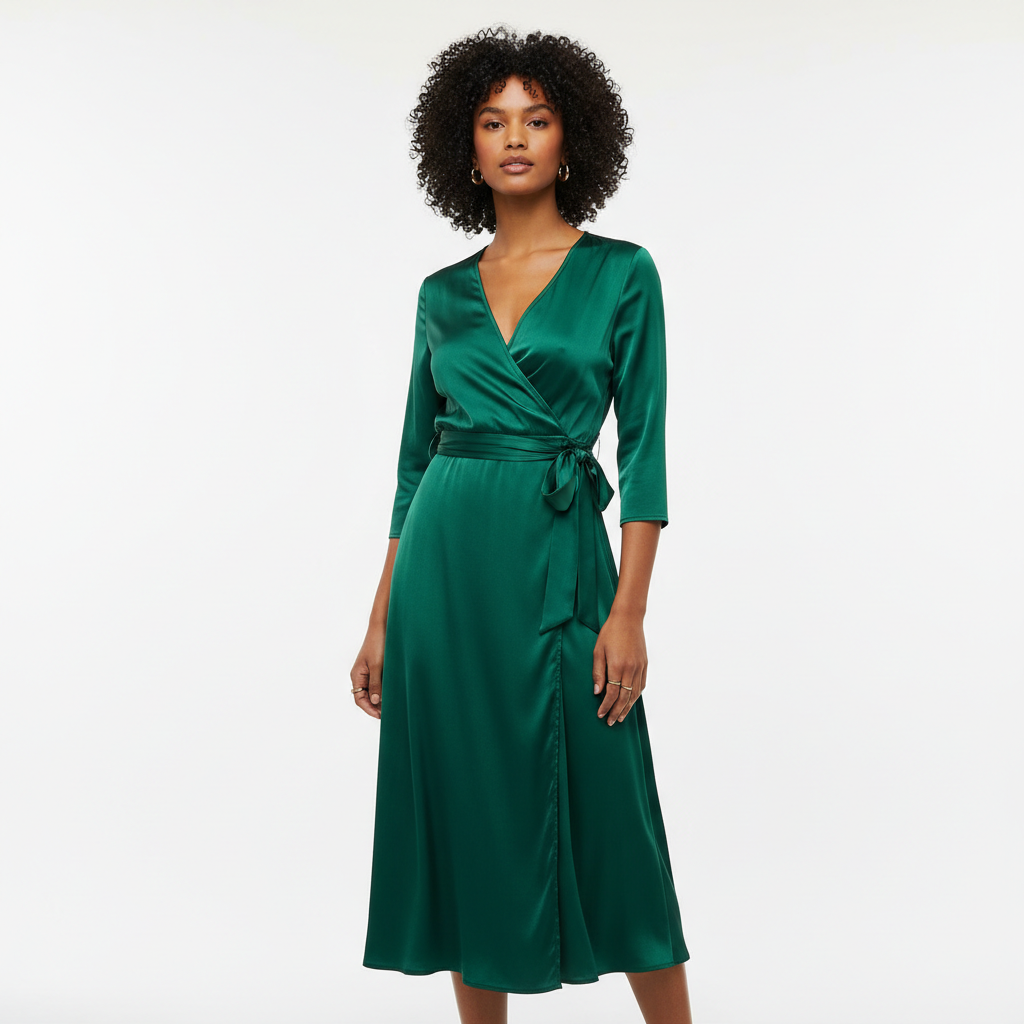 Model wearing a wrap dress with V-neckline and defined waist in a bright studio