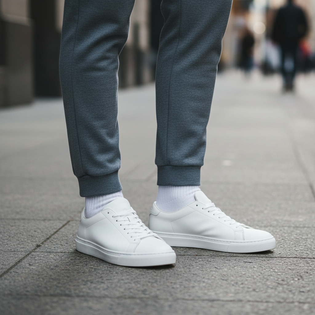 Sneaker and jogger pairing showing ankle taper and sock choices