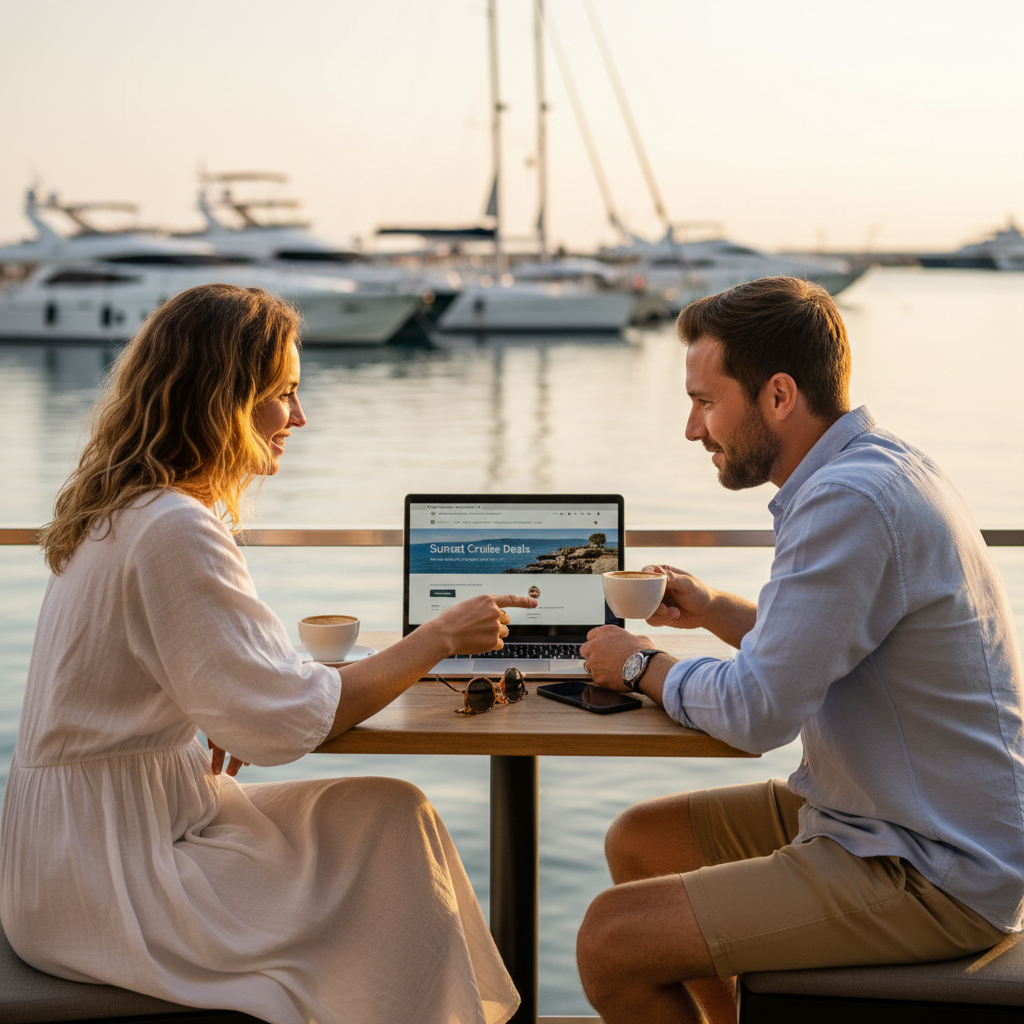 Couple reviewing sunset cruise deals on a laptop with ocean at golden hour