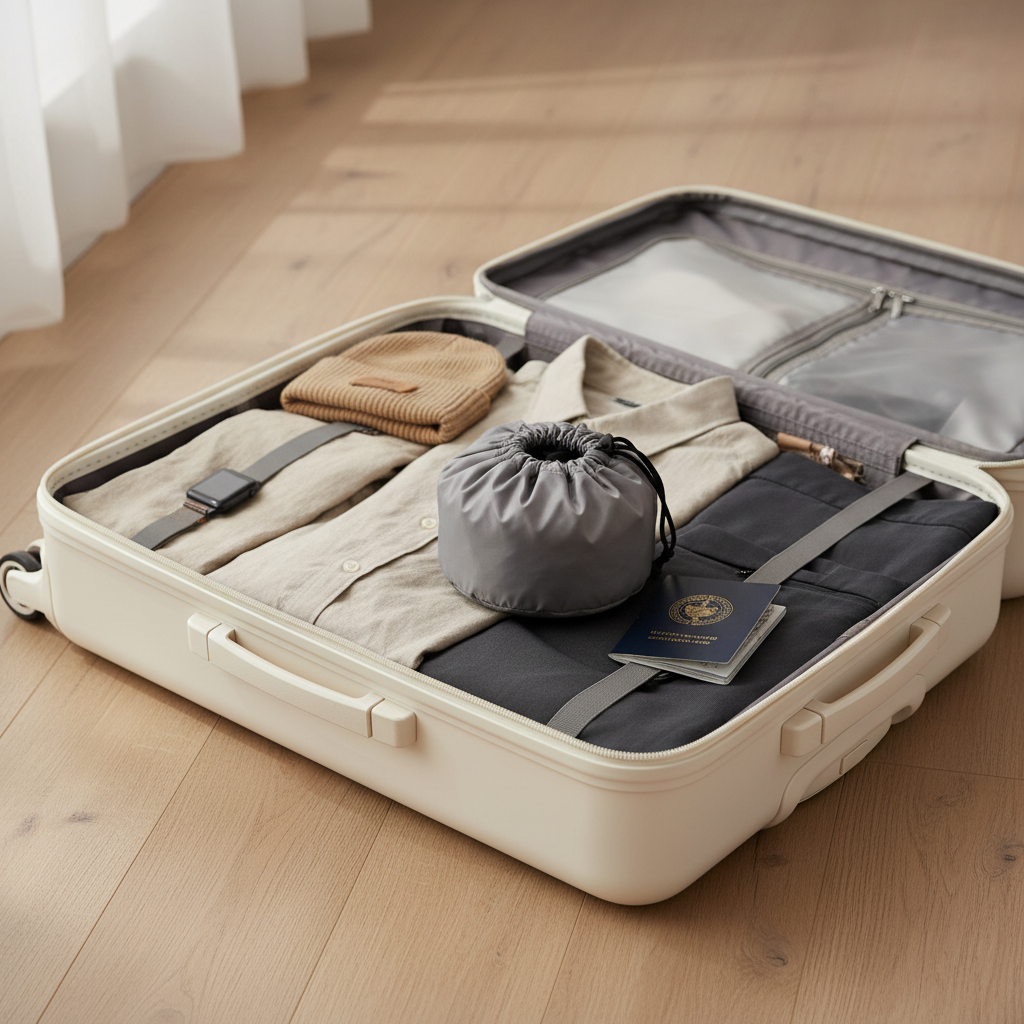 Lightweight windbreaker jacket packed into a small travel pouch on a suitcase