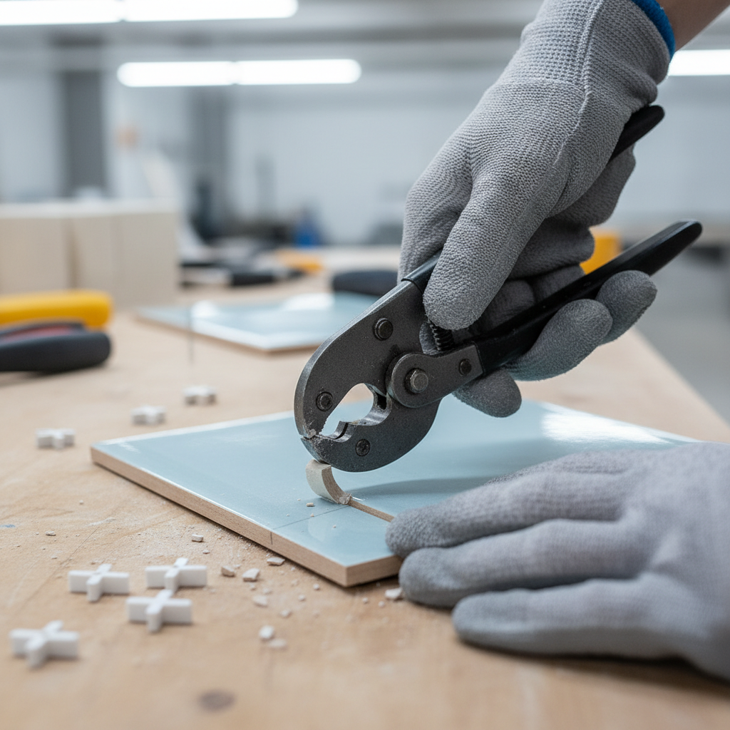 Tile nipper making small trimming cuts on a ceramic tile edge