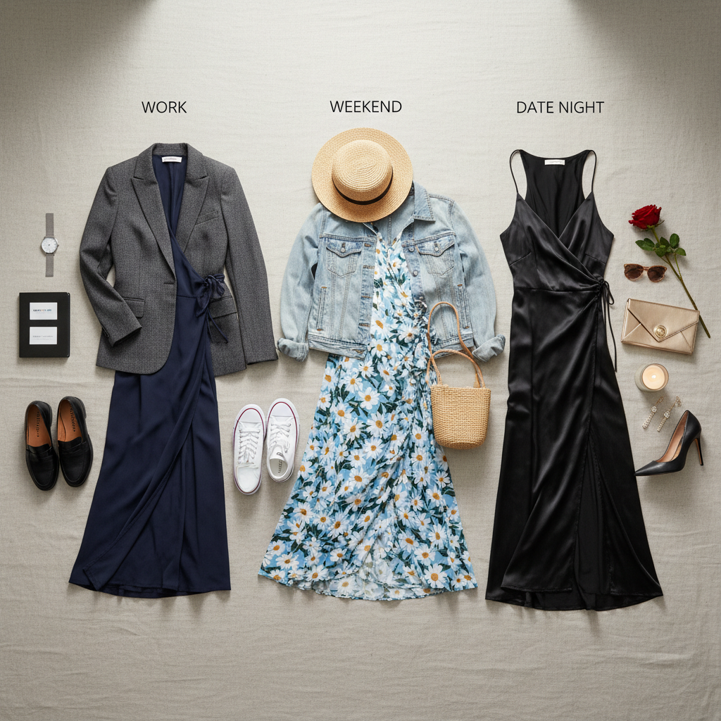 Three wrap dress outfits for work weekend and date night laid out flat