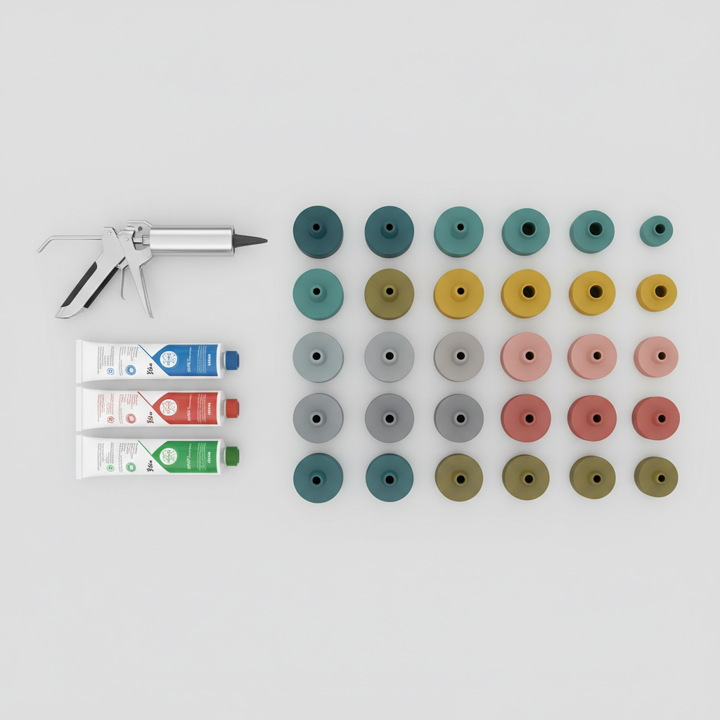 Different sizes of silicone nozzle caps organized next to caulk gun and sealant tubes